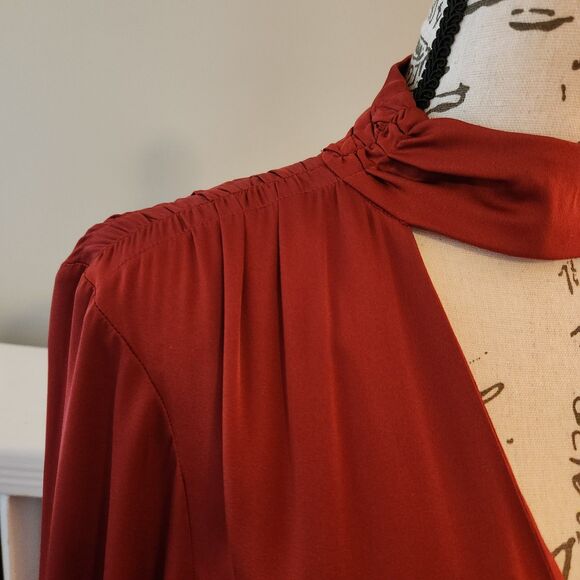Intermix Victoria Deep Red 95% Silk Midi Dress, High Collar, Keyhole Neck, Sz 10 - Picture 5 of 11